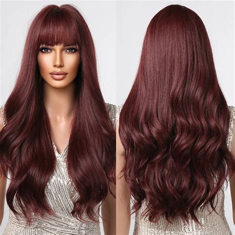 Long Wine Red Brown Synthetic Wigs With Bangs Burgundy Natural Wavy