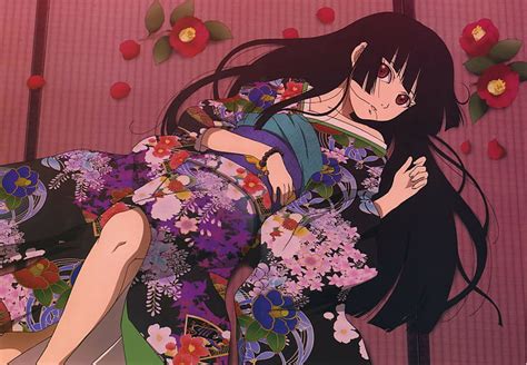 Jigoku Shoujo Enma Ai Chicas Anime Anime Flores Cabello Largo