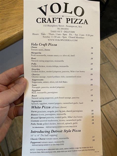 Menu At Volo Craft Pizza Pizzeria Swampscott