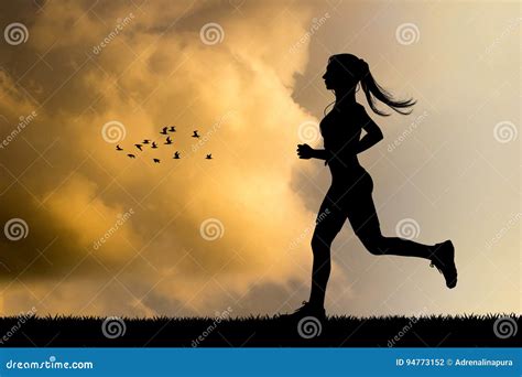 Girl Running Silhouette at Sunset Stock Illustration - Illustration of ...