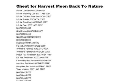 Daftar Kode Cheat Harvest Moon Back To Nature Terbaru 2023