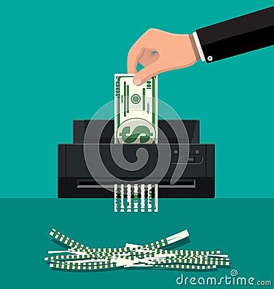 Hand Putting Dollar Banknote In Shredder Machine Cartoon Vector