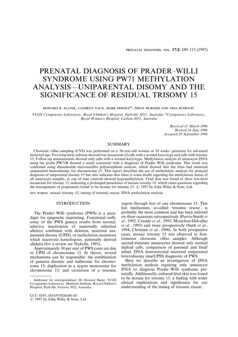 Pdf Prenatal Diagnosis Of Prader Willi Syndrome Using Pw