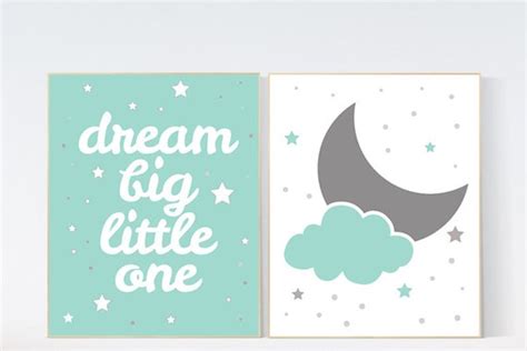 Moon and Stars Nursery Mint Nursery Decor Dream Big Little | Etsy