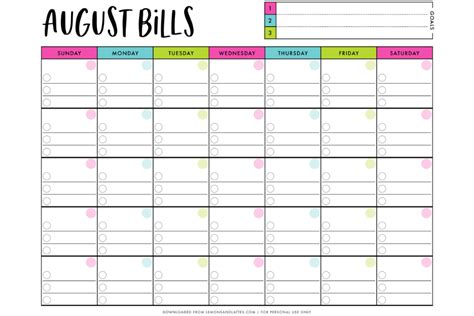 Printable Monthly Bill Calendar