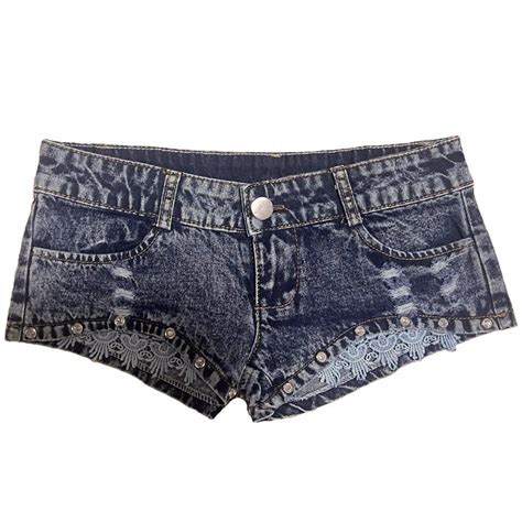 Sexy Skinny Jean Denim Shorts Women Bright Diamond Lace Ultra Low Rise Hot Pants Nightclub Hot