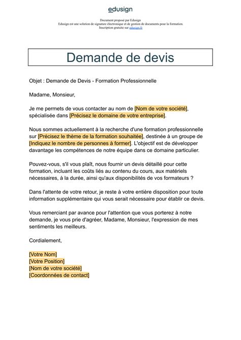 Demande De Devis Mod Le De Mail Ou De Lettre Gratuit Edusign