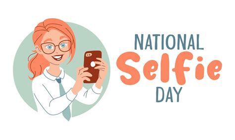 National Selfie Day Poster Girl With Smartphone Taking Selfie And Lettering Isolated On White