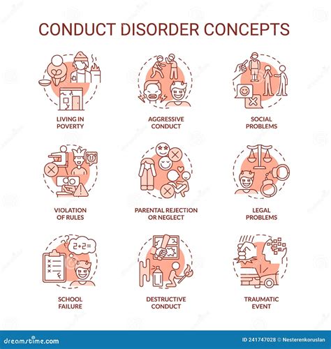 Conduct Disorder Red Concept Icons Set Stock Vector Illustration Of