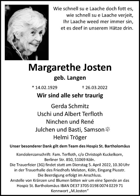 Traueranzeigen Von Margarethe Josten Wirtrauern