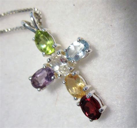 Multi Stone Silver Cross 925 Sterling Italy Cross Necklace Etsy