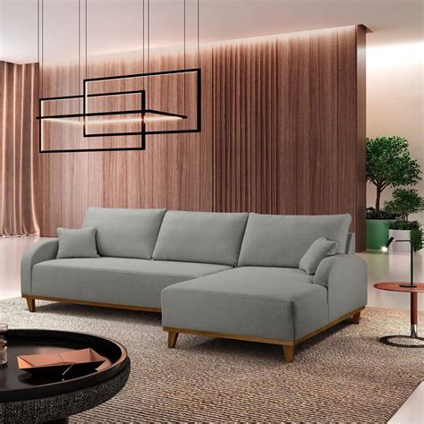 Sofa Com Chaise Direito - Sofá 3 Lugares com Chaise Lado Direito 250cm em Linho Mercúrio ...