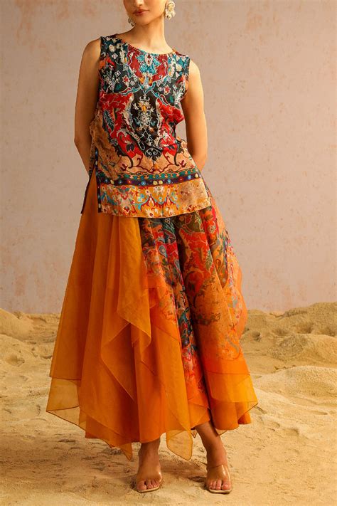 Buy Mustard Yellow Artisanal Print Layer Skirt Set By Aditi Gupta At