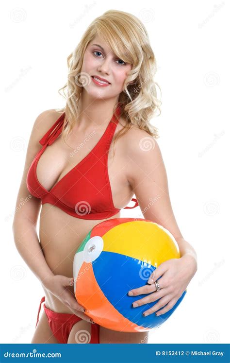 Blond Woman Wearing Red Bikini Holding Beach Ball Stock Photo Image