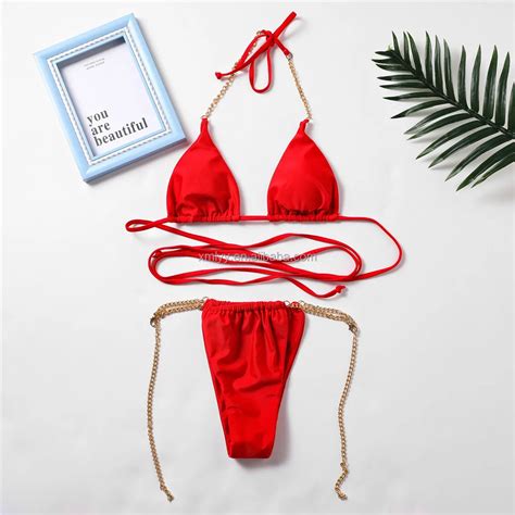 New Design Sexy Girl Bikini Halter Bandage Lace Up Chain Two Piece Swimwear Summer Sexy