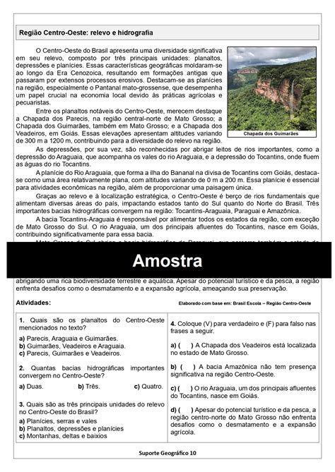 Atividades sobre o relevo e hidrografia da região Centro-Oeste