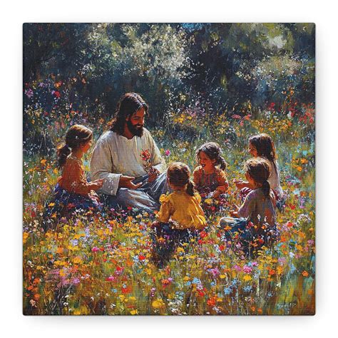 jesus  children canvas art wildflower meadow christian wall decor
