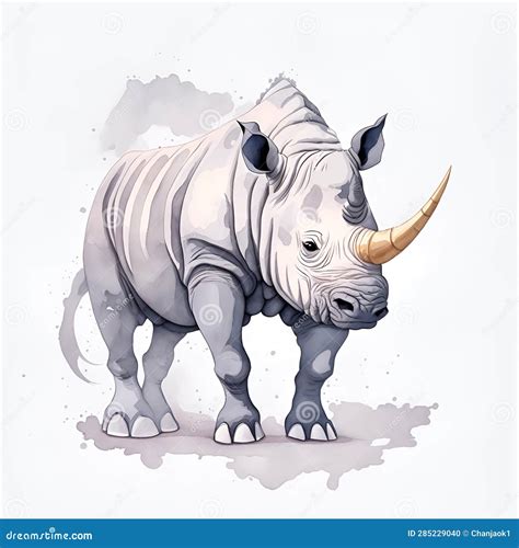 African Rhinoceros Watercolor Drawing Hand Drawn Rhinoceros In