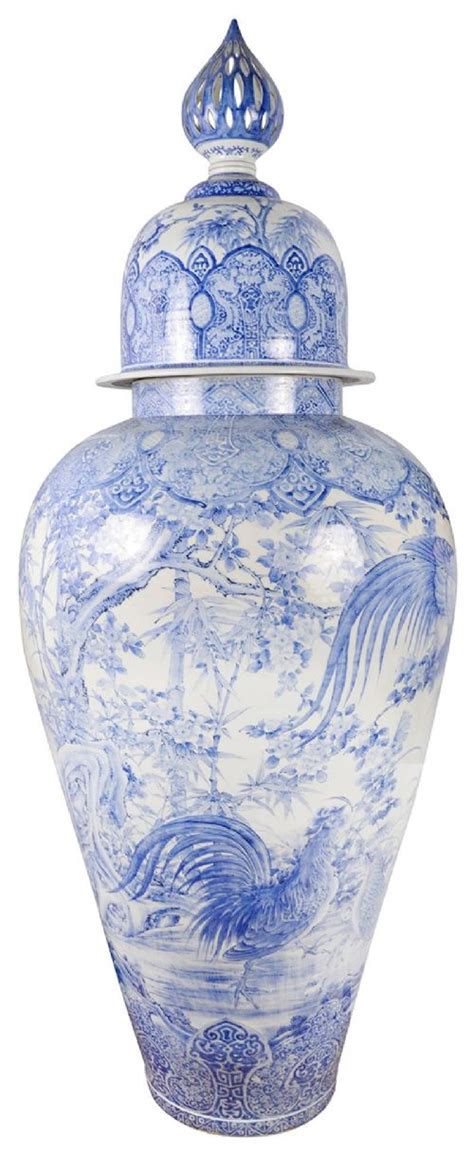 A Monumental Th Century Japanese Blue And White Lidded Palace Vase