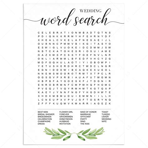 Foliage Wedding Word Search Game Printable Instant Download