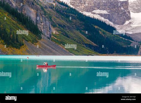 Lake Louise Alberta Canada 29 September 2021 Man Riding A Canoe On