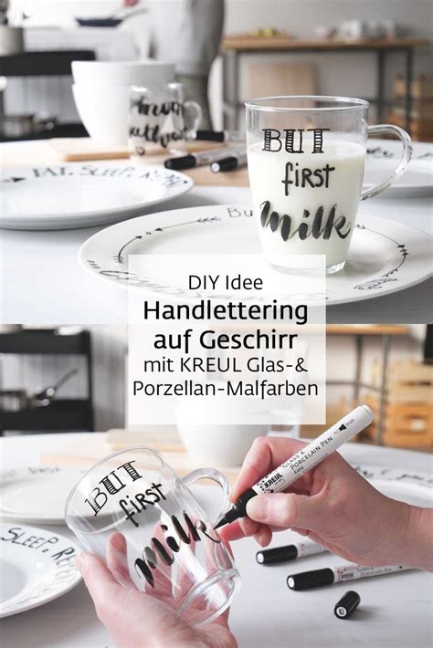 Schwarz auf Weiß kreatives Handlettering auf Porzellan und Glas