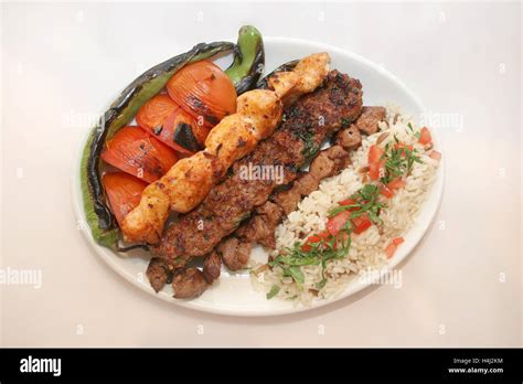 Chicken Kebab Lamb Kebab Kofta Kebab Served With Rice And Salad Stock