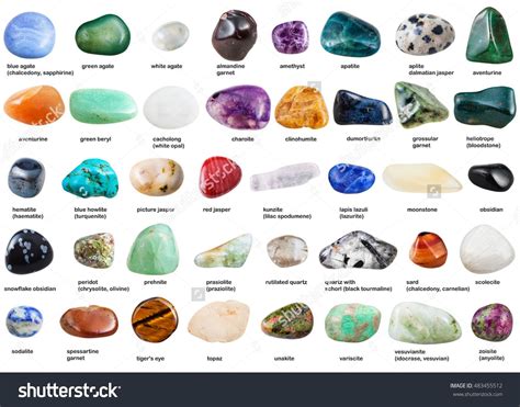 Set various tumbled gemstones names isolated stock photo 483455512 ...