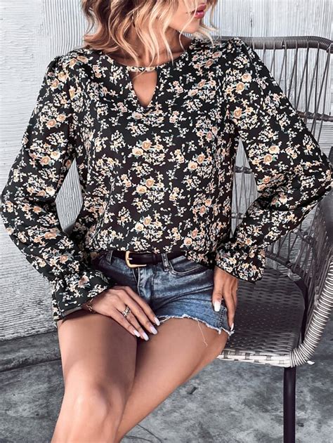 Shein Lune Floral Print Keyhole Neck Blouse Shein Usa