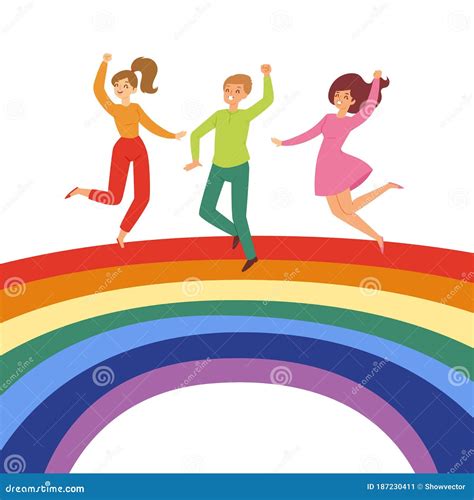 Joyful People Jumping On Rainbow Colorful Background Group Happy