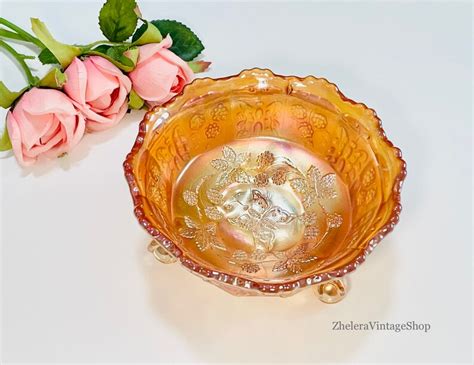 Fenton Marigold Bowl Carnival Glass Butterflies And Berry Design Small Footed Berry Bowl