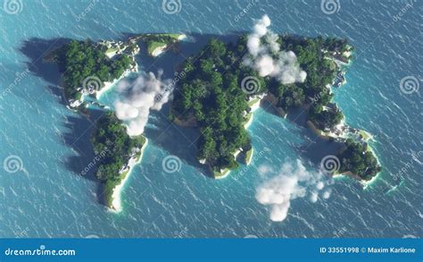 World Map On The Water, Island With Trees And Clouds Royalty-Free Stock ...