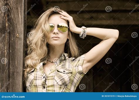 Portrait Of Blonde Woman At The Wooden Background Stock Image Image Of Girl Attractive
