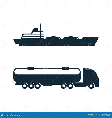 Vector Gasoline Tanker Truck Oil Ship Icon Set Stock Vector