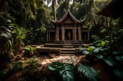 Un Templo En La Jungla Con Un Hombre Con Traje Rojo Foto Premium