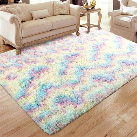 Junovo Plush Fluffy Area Rugs Cute Rainbow Carpet For Living Room