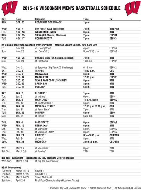 Printable Badger Basketball Schedule