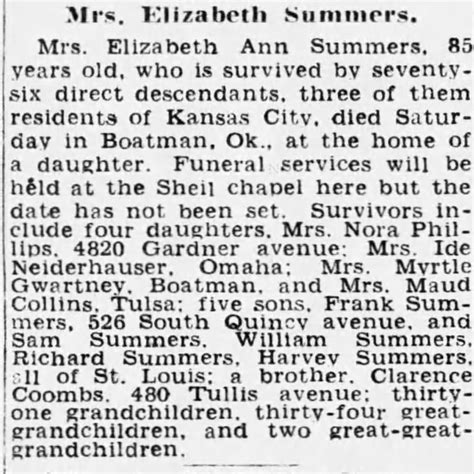 Obituary For Elizabeth Ann Summers Aged 83