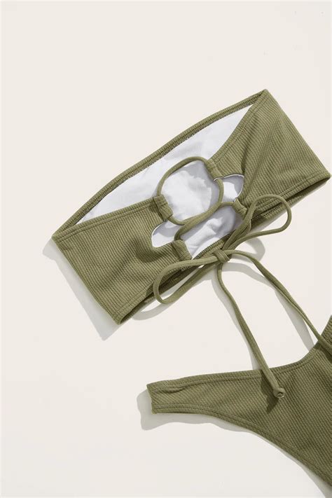 Sexy Slim Bateau Plain Lace Up Hollow Out Army Green Bikini Sets