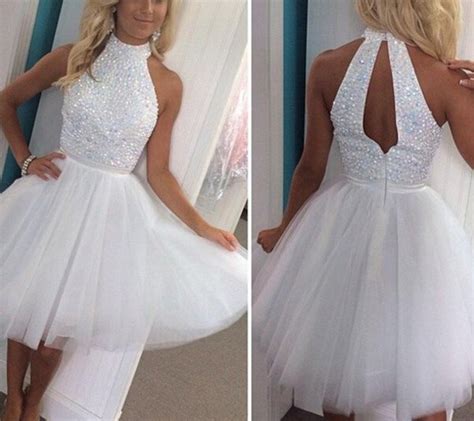 White Halter Neck Sequin Bodice Short Homecoming Dress With Tulle Skirt