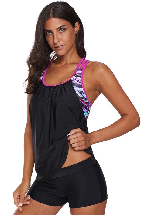 Ivy Womens Blouson Rose Floral Print Strappy Tankini Swimwear Black