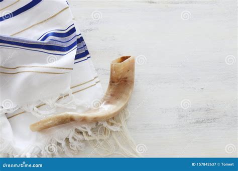 Religion Image of Shofar Horn on White Prayer Talit. Rosh Hashanah ...