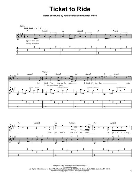 Ticket To Ride by The Beatles Sheet Music for Guitar Tab (Single Guitar ...