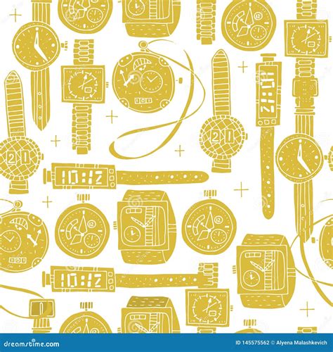 Vector Illustration Seamless Pattern Of Different Clocks In Doodle