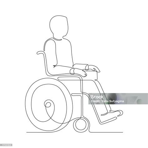 Disabled Person On Wheelchair Outline Continuous One Art Line Drawing Care And Assistance In