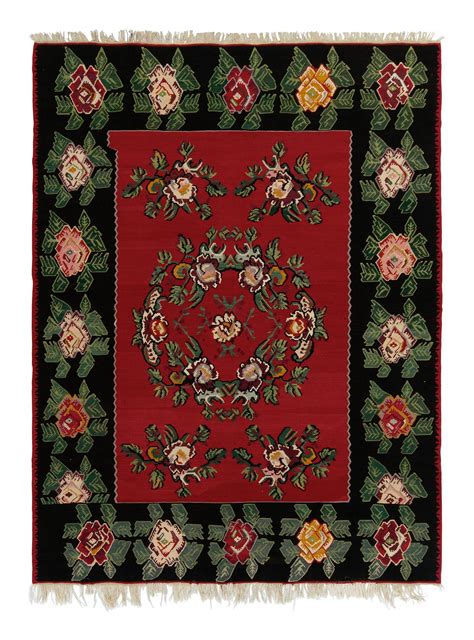 Midcentury Vintage Kilim Rug Black Red Floral Turkish Flat Weave By Rug