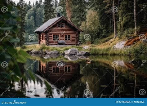 Log Cabin with Lake View, Surrounded by Nature Stock Illustration ...