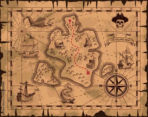 Pirate Treasure Map Antique Scroll With Sea Desert Islands Pirate