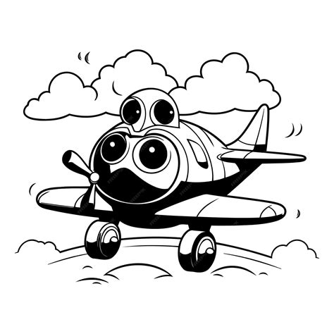 Premium Vector | Black and White Cartoon Airplane Flying in the Clouds