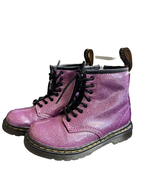 Doc Martens Kids Pink Glitter Combat Boots Size 10 1460t Purple Sparkle